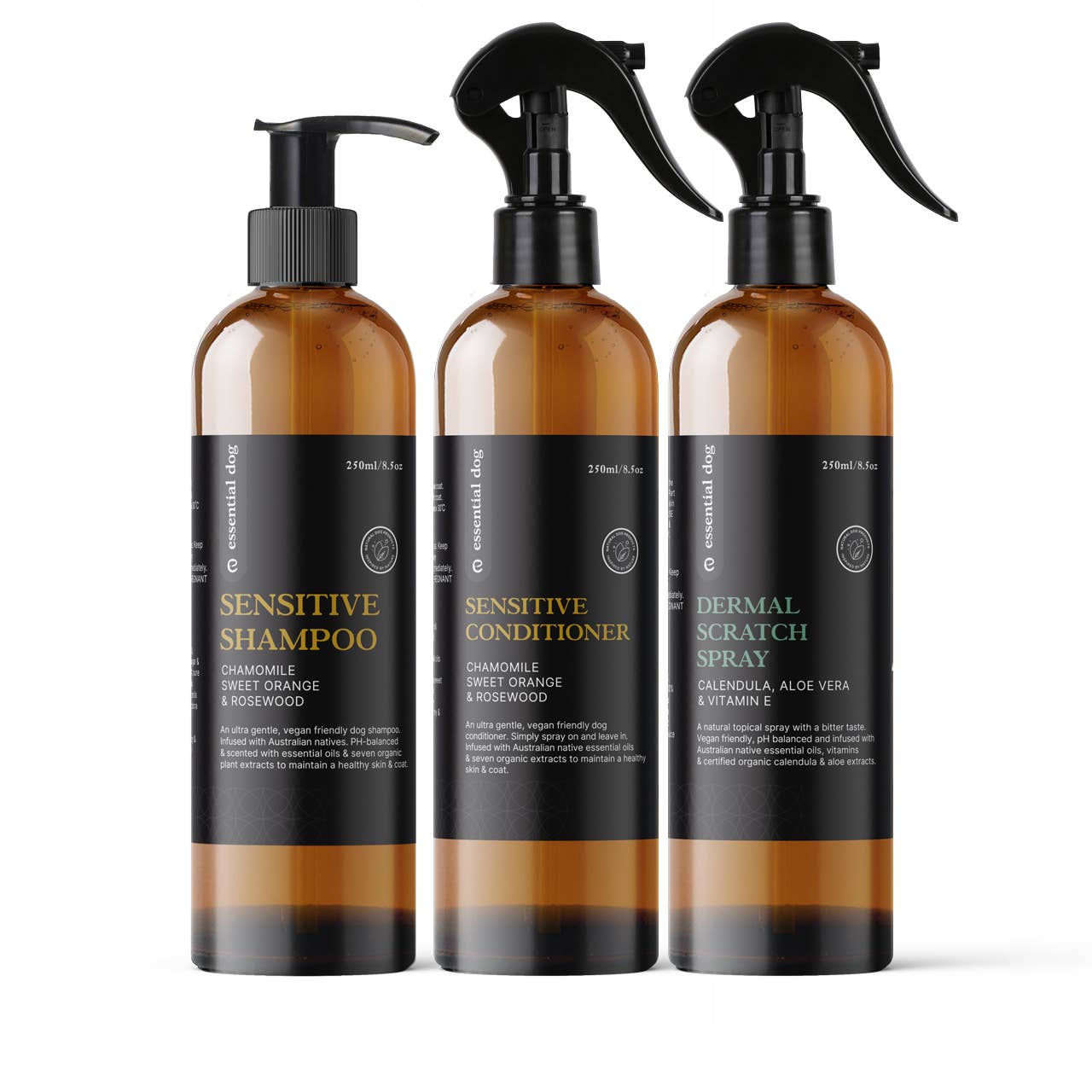 Sensitive Dog Shampoo, Conditioner (No Rinse) Spray 250ml x2 & Dermal Scratch Spray