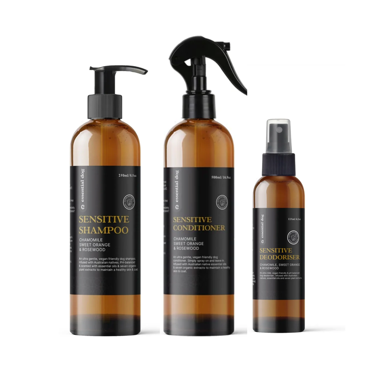 Sensitive Dog Shampoo, Conditioner (No Rinse) Spray 250ml x2 & Deodoriser