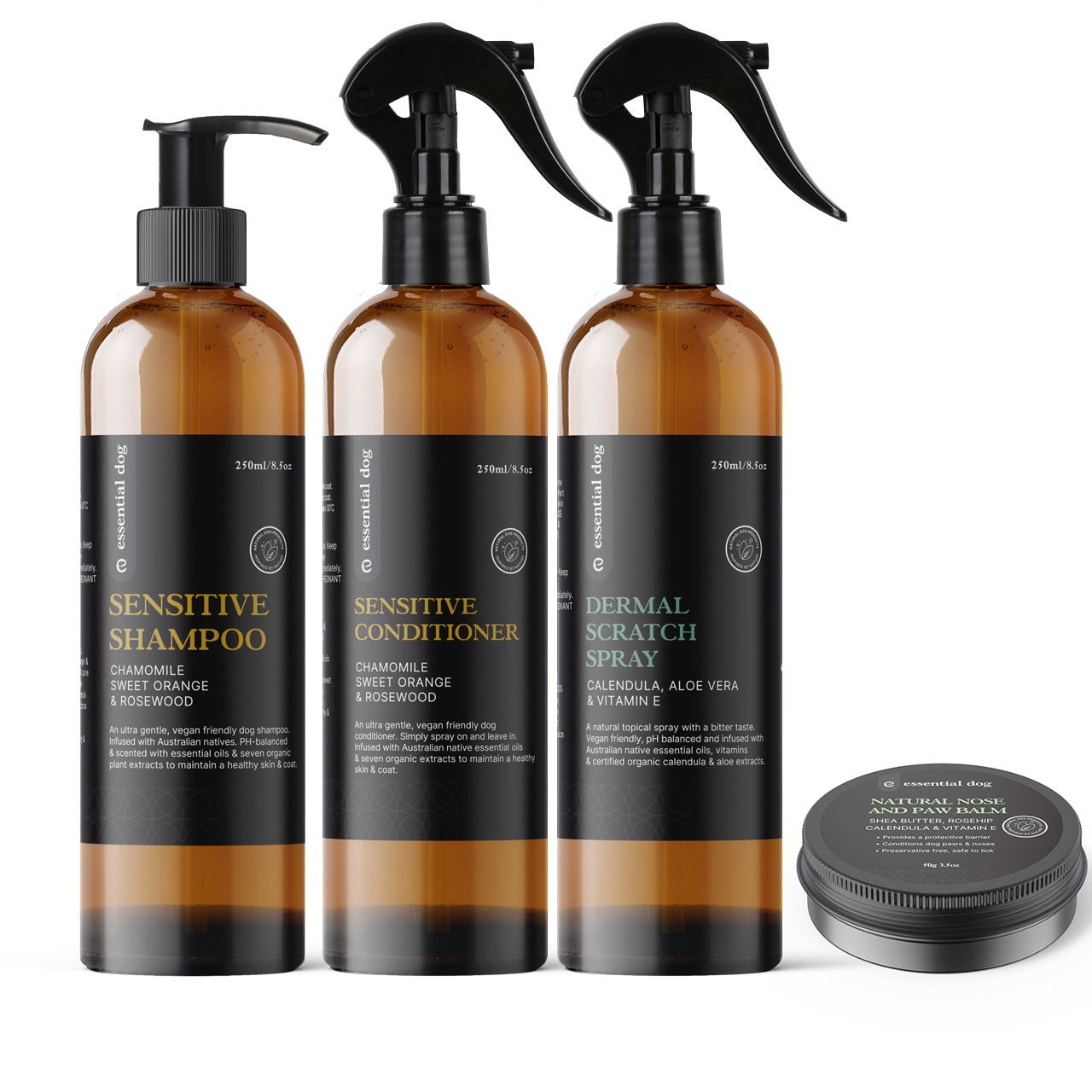 Sensitive Dog Shampoo, Conditioner (No Rinse) 250ml x2, Balm & Dermal Scratch Spray